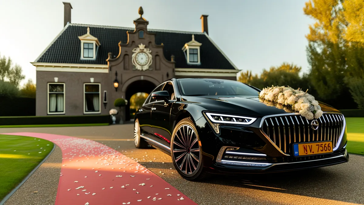 Mercedes-Maybach als trouwauto voor een Nederlands landgoed met rode loper