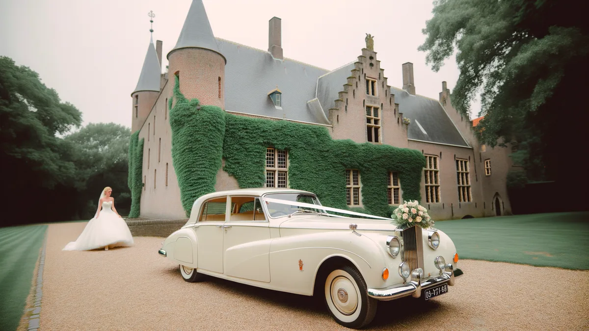 Klassieke witte Rolls-Royce als trouwauto voor een Nederlands kasteel met bruid