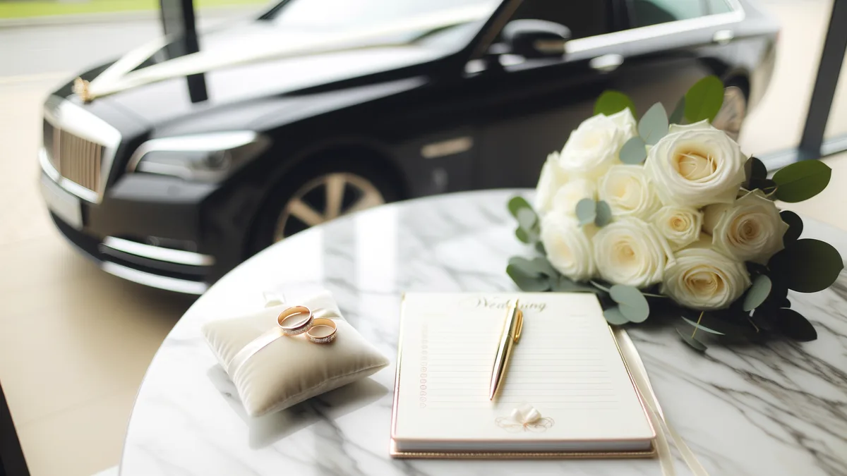 Checklist trouwvervoer — notitieblok met trouwringen en luxe auto op de achtergrond