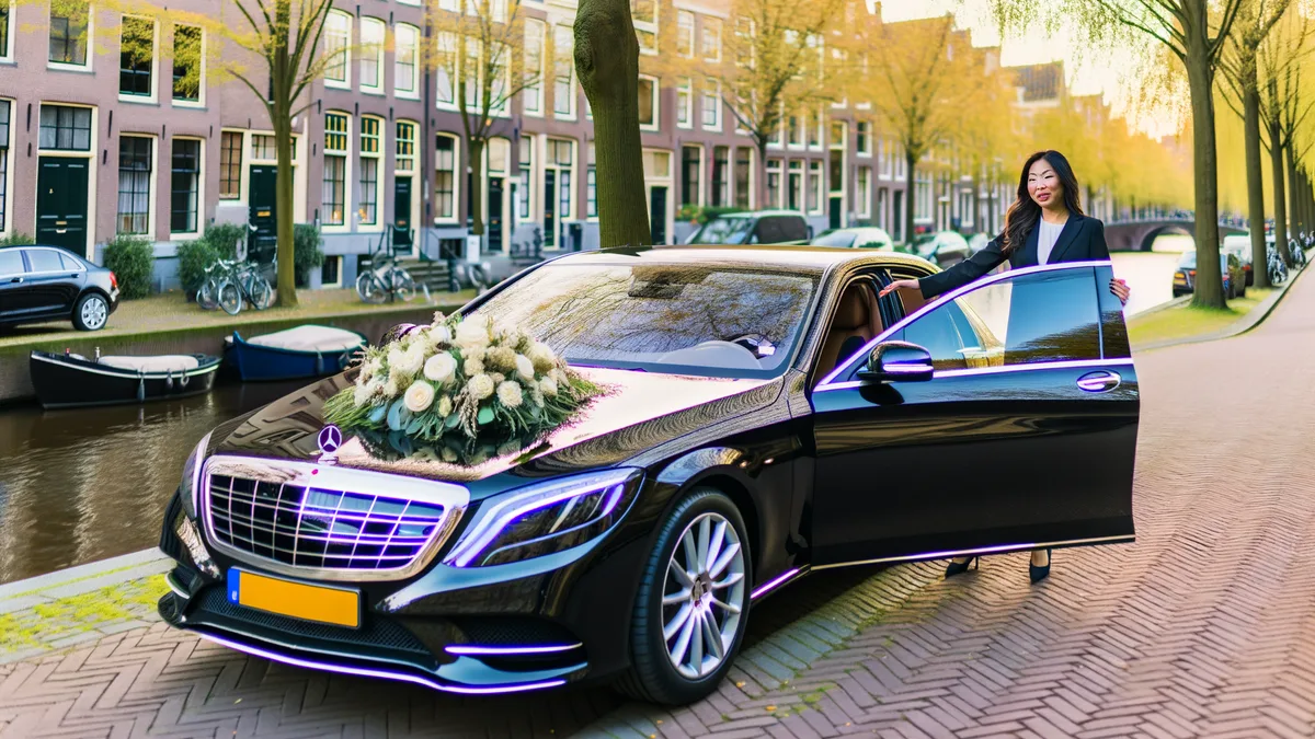 Trouwvervoer plannen voor de hele dag — Mercedes S-Class met bruidsboeket langs Amsterdamse gracht